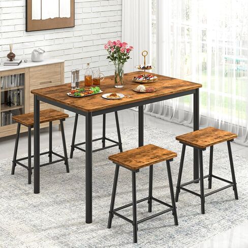 VECELO 5 Piece Dining Table & Chairs Set for 4, Rectangular Pub Dinette with 4 Stools, Kitchen Furniture MDF Board and Metal Frame, Space-Saving, Apartment, Black in Saudi Arabia