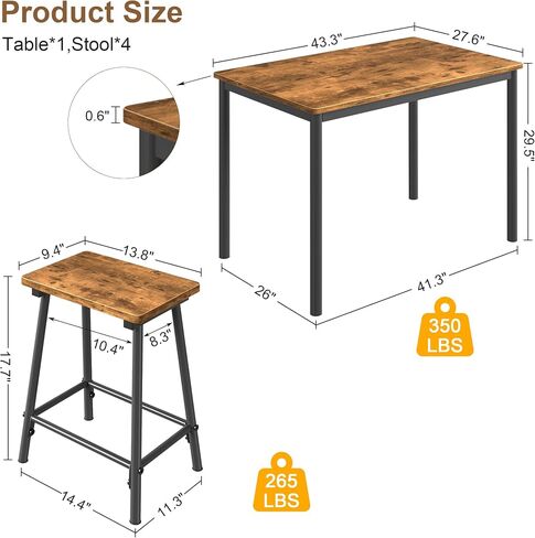 VECELO 5 Piece Dining Table & Chairs Set for 4, Rectangular Pub Dinette with 4 Stools, Kitchen Furniture MDF Board and Metal Frame, Space-Saving, Apartment, Black in Saudi Arabia
