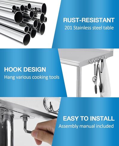 Stainless Steel Prep Table, NSF Commercial Work Table 72 x 30 x 35 Inches with Undershelf, Stainless Steel Table for Food Prep & Work, Heavy Duty for Kitchen, Restaurant, Hotel, Silver in Kuwait