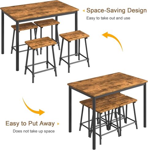 VECELO 5 Piece Dining Table & Chairs Set for 4, Rectangular Pub Dinette with 4 Stools, Kitchen Furniture MDF Board and Metal Frame, Space-Saving, Apartment, Black in Saudi Arabia