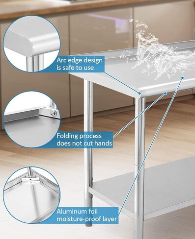 Stainless Steel Prep Table, NSF Commercial Work Table 72 x 30 x 35 Inches with Undershelf, Stainless Steel Table for Food Prep & Work, Heavy Duty for Kitchen, Restaurant, Hotel, Silver in Kuwait