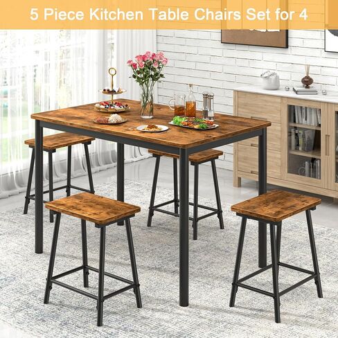 VECELO 5 Piece Dining Table & Chairs Set for 4, Rectangular Pub Dinette with 4 Stools, Kitchen Furniture MDF Board and Metal Frame, Space-Saving, Apartment, Black in Saudi Arabia