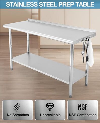 Stainless Steel Prep Table, NSF Commercial Work Table 72 x 30 x 35 Inches with Undershelf, Stainless Steel Table for Food Prep & Work, Heavy Duty for Kitchen, Restaurant, Hotel, Silver in Kuwait