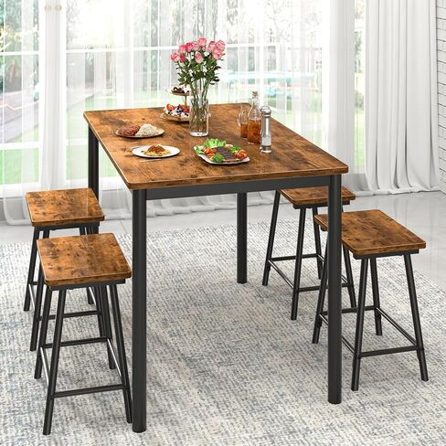 VECELO 5 Piece Dining Table & Chairs Set for 4, Rectangular Pub Dinette with 4 Stools, Kitchen Furniture MDF Board and Metal Frame, Space-Saving, Apartment, Black in Saudi Arabia