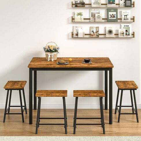 VECELO 5 Piece Dining Table & Chairs Set for 4, Rectangular Pub Dinette with 4 Stools, Kitchen Furniture MDF Board and Metal Frame, Space-Saving, Apartment, Black in Saudi Arabia