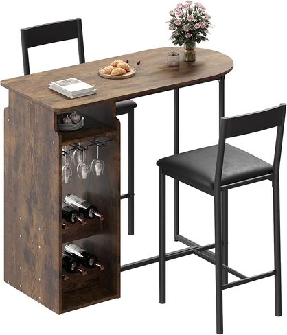 Bar Table and Chairs for 2, Dining Room Table with Double Tier Wine Rack and Glasses Hanging, White Marble Pattern and 2 Velvet Seat, Modern Dining Set for Home & Office in Saudi Arabia