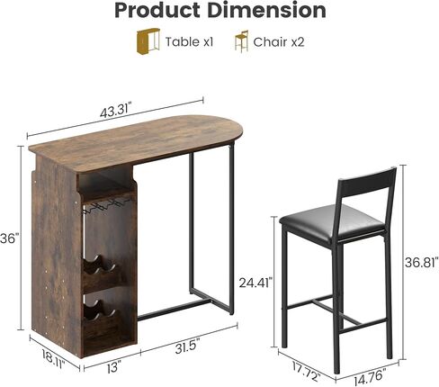 Bar Table and Chairs for 2, Dining Room Table with Double Tier Wine Rack and Glasses Hanging, White Marble Pattern and 2 Velvet Seat, Modern Dining Set for Home & Office in Saudi Arabia