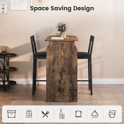 Bar Table and Chairs for 2, Dining Room Table with Double Tier Wine Rack and Glasses Hanging, White Marble Pattern and 2 Velvet Seat, Modern Dining Set for Home & Office in Saudi Arabia