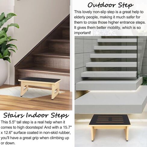 One Step Stool for Adults Seniors with Non-Slip Rubber Step Surface, 5.5" Heavy Duty Wooden Stepping Stools with 450 LBS Capacity for Bedroom Kitchen Bathroom, Bed Steps for High Beds, Bedside Support in Saudi Arabia