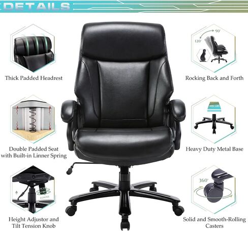Big and Tall Office Chair 400lbs-Heavy Duty Executive Desk Chair with Extra Wide Seat, High Back Ergonomic Leather Computer Chair with Tilt Rock&Tension, Padded Armrests-Black in Saudi Arabia