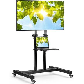 PERLESMITH Rolling TV Stand on Wheels for 32-83 Inch Screens up to 110lbs, Mobile TV Cart Height Adjustable Portable Outdoor TV Stand Tilt Rolling TV Cart with Shelf Max VESA 600x400mm PSTVMC03