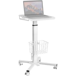 ONKRON Mobile Laptop Cart on Wheels with Load up to 17.6 lbs, Height Adjustable Laptop Cart with Wheels & Storage - Portable Workstation/Movable Laptop Stand Roller/Rolling Side Table White