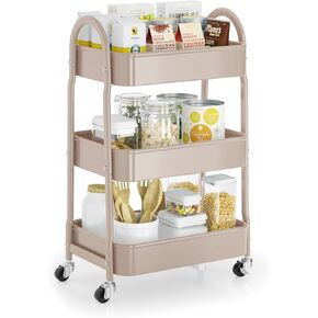 EAGMAK 3 Tier Utility Rolling Cart, Metal Storage Cart with Handle and Lockable Wheels, Multifunctional Storage Organizer Trolley with Mesh Baskets for Kitchen, Living Room, Office, Garage (Black)