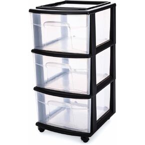 HOMZ Drawer Tower, 3-Tier Clear Plastic Storage Organizer Cart, White Frame