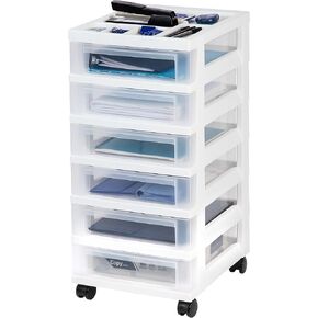 IRIS USA Plastic Drawer Storage Organizer Rolling Cart, with Wheels Casters, 6-Drawers, for Classroom Art Craft Supplies Dresser Closet Bathroom Dorm Bedroom Laundry Room, White/Clear