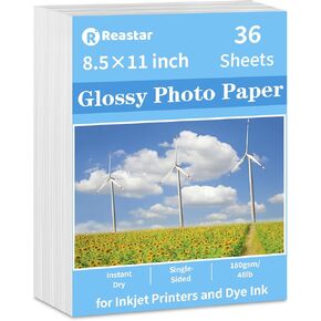 Glossy Photo Paper 8.5 x 11, 36 Sheets Inkjet Photo Printer Paper, Instant Dry Picture Paper for DIY Chip Bag, Flyers, Cards, Calendars and Brochures(180gsm/48lb)
