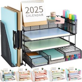 gianotter Paper Letter Tray Organizer with File Holder, 4-Tier Desk Accessories & Workspace Desk Organizers with Drawer and 2 Pen Holder for Office Supplies (Rose Gold)