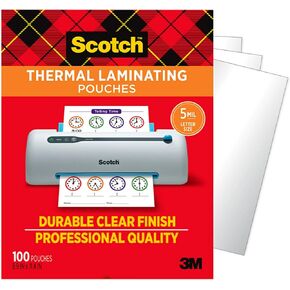 Scotch Thermal Laminating Pouches, 100 Count, Clear, 5 mil., Laminate Business Cards, Banners and Essays, Ideal Office or School Supplies, Fits Letter Sized Paper (8.9 in. × 11.4 in.)