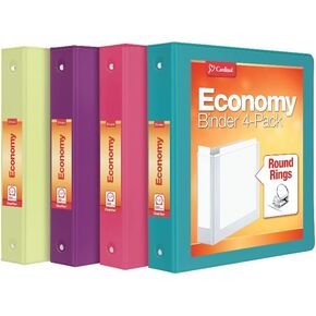 Cardinal 3 Ring Binders, Binders for School and Office, Durable 1.5 Inch, Round Rings, Holds 350 Sheets, ClearVue Presentation View, Non-Stick, Assorted Bright Colors, 4 Pack (79553)