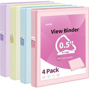 SUNEE 3 Ring Binder 3 Inch D Ring, Clear View Binder Three Ring PVC-Free (Fit 8.5x11 Inches) for School Binder or Office Binder Supplies, Assorted Pastel Binder, 4 Pack