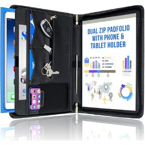 Stylio Zipper Padfolio Portfolio Binder Organizer | محفظة من جلد فو للسيرة الذاتية والوثائق والهاتف والكمبيوتر اللوحي واللوازم التجارية والبطاقات | منظم دفاتر مع رسالة بحجم رسالة بالحجم