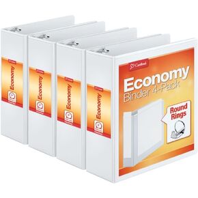 Cardinal Economy 3 Ring Binder, 3 Inch, Presentation View, White, Holds 625 Sheets, Nonstick, PVC Free, 4 Pack of Binders (00430)