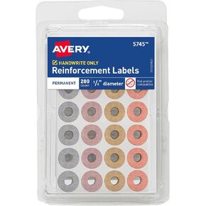 Avery Reinforcement Labels, 1/4" Diameter, Permanent Adhesive, Assorted Metallic Colors, Non-Printable, 280 Page Reinforcement Stickers (5745)