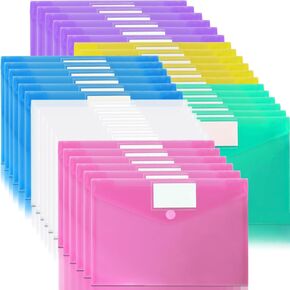11 Pack Plastic Poly Filing Envelopes, Clear Document Folders US Letter A4 Size File Envelopes with Label Pocket & Paste Button for School Home Work Office Organization, 6 Assorted Color