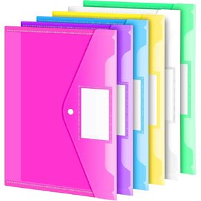 Sooez 12 Pack Folders Plastic Envelopes, Clear Plastic File Folder for Document, Letter A4 Size Poly File Envelopes with Label Pocket, Snap Button for Home Work Office Organizer, 5 Colors