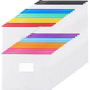 EOOUT 24pcs Plastic Envelopes Poly Zip Envelopes Files Zipper Folders, A4 Size, Letter Size, 10 Colors, for School Office Travel Storage Supplies