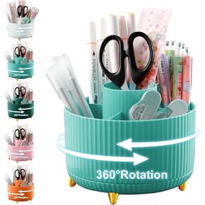 Pencil Holder For Desk,5 Slots 360°Degree Rotating Desk Organizers And Accessories,Desktop Storage Stationery Supplies Organizer, Cute Pencil Cup Pot For Office, School, Home (B-White)