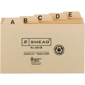 Smead Card Guide, Plain 1/5-Cut Tab (A-Z), 5"W x 3"H, Manila, 25 per Set (55076)