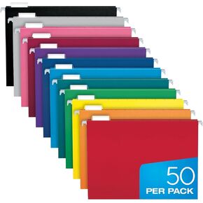 Pendaflex Hanging File Folders, 50 Pack of Hanging File Folders Letter Size with 1/5 Cut Adjustable Tabs, 8.5 X 11 File Folders, 12 Assorted Colors in Kuwait