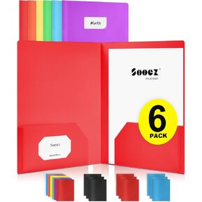 Sooez 6Pack Folders with Pockets, Pocket Folders with Extra Labels, Plastic Folders with Pockets, 2 Pocket Folders Bulk, Heavy Duty File Folders, School Folders Business Folder Office Filing Supplies