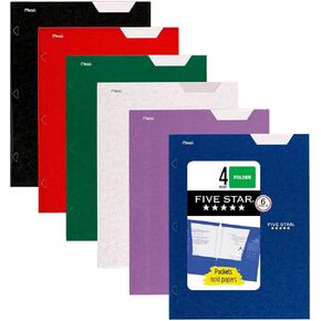 Five Star 4 Pocket Folders, 6 Pack, Paper Folders, Fits 3-Ring Binders, Holds 8-1/2" x 11" Paper, Writable Label, Black, Fire Red, Forest Green, Pacific Blue, White, Amethyst Purple (38058)