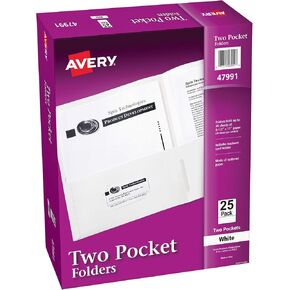 Avery Two Pocket Folders, Holds up to 40 Sheets, Business Card Slot, 25 White Folders (47991)