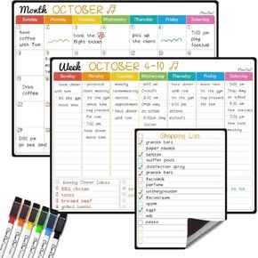 Magnetic Dry Erase Monthly Calendar Set - 14.5"x11" Monthly and Weekly Calendar, 6.5"x8.5" List Board for Fridge - 6 Extra Fine Point Markers Included - Shipped Flat