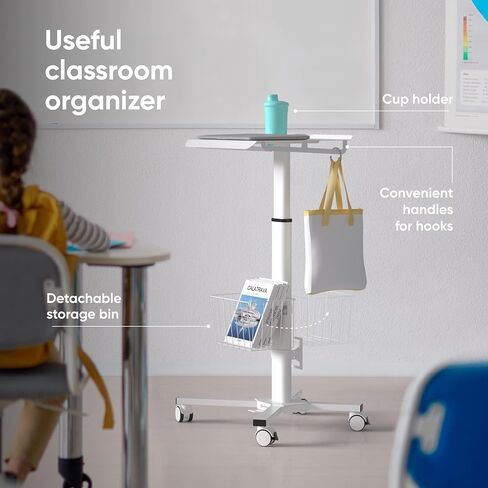 ONKRON Mobile Laptop Cart on Wheels with Load up to 17.6 lbs, Height Adjustable Laptop Cart with Wheels & Storage - Portable Workstation/Movable Laptop Stand Roller/Rolling Side Table White in Kuwait
