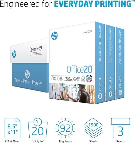 HP Printer Paper | 8.5 x 11 Paper | Office 20 lb | 3 Ream Case - 1500 Sheets | 92 Bright | Made in USA - FSC Certified | 112090C, White in Saudi Arabia
