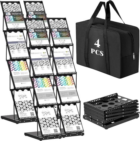 Tatuo 2 Pieces Foldable Magazine Rack Metal Catalog Literature Rack Portable 4 Pockets with Carrying Bag Brochure Stand Literature Display Holder Stand for Exhibition Trade Show in Saudi Arabia