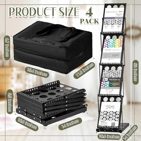 Tatuo 2 Pieces Foldable Magazine Rack Metal Catalog Literature Rack Portable 4 Pockets with Carrying Bag Brochure Stand Literature Display Holder Stand for Exhibition Trade Show in Saudi Arabia