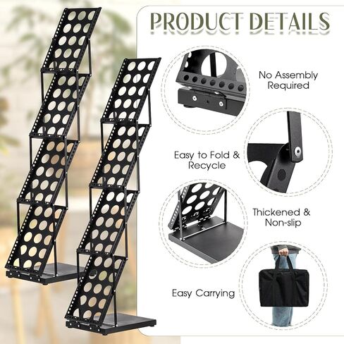 Tatuo 2 Pieces Foldable Magazine Rack Metal Catalog Literature Rack Portable 4 Pockets with Carrying Bag Brochure Stand Literature Display Holder Stand for Exhibition Trade Show in Saudi Arabia