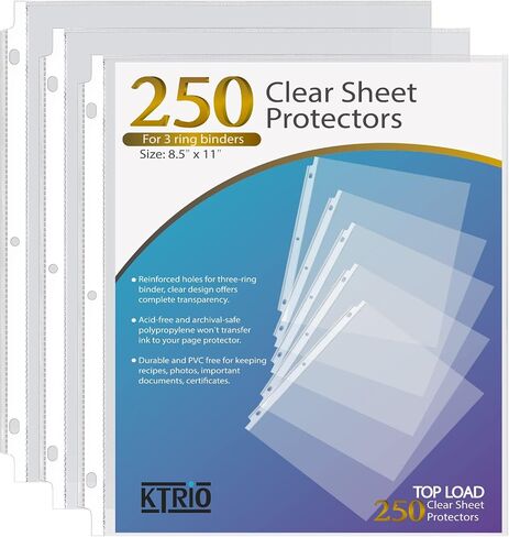 حماة ورقة Ktrio 8.5 × 11 بوصة ، واقي صفحة واضحة لثلاثة رنين ، والأكمام البلاستيكية للمجلدات ، وألواح الورق العليا من حجم الحروف ، والمكتب والمنزل ، 50 حزمة in Kuwait