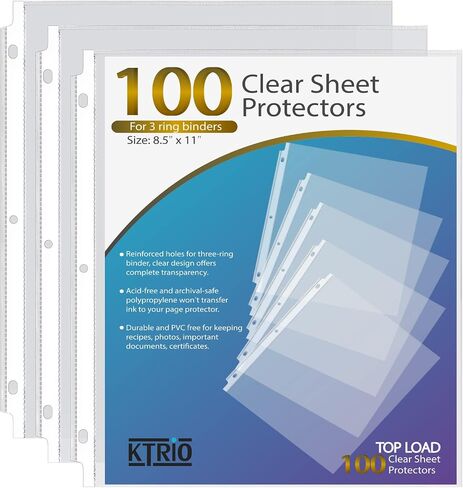 حماة ورقة Ktrio 8.5 × 11 بوصة ، واقي صفحة واضحة لثلاثة رنين ، والأكمام البلاستيكية للمجلدات ، وألواح الورق العليا من حجم الحروف ، والمكتب والمنزل ، 50 حزمة in Kuwait