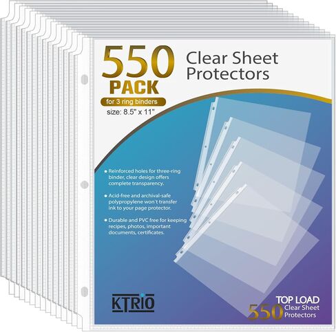 حماة ورقة Ktrio 8.5 × 11 بوصة ، واقي صفحة واضحة لثلاثة رنين ، والأكمام البلاستيكية للمجلدات ، وألواح الورق العليا من حجم الحروف ، والمكتب والمنزل ، 50 حزمة in Kuwait