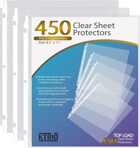 حماة ورقة Ktrio 8.5 × 11 بوصة ، واقي صفحة واضحة لثلاثة رنين ، والأكمام البلاستيكية للمجلدات ، وألواح الورق العليا من حجم الحروف ، والمكتب والمنزل ، 50 حزمة in Kuwait