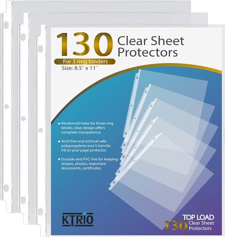 حماة ورقة Ktrio 8.5 × 11 بوصة ، واقي صفحة واضحة لثلاثة رنين ، والأكمام البلاستيكية للمجلدات ، وألواح الورق العليا من حجم الحروف ، والمكتب والمنزل ، 50 حزمة in Kuwait