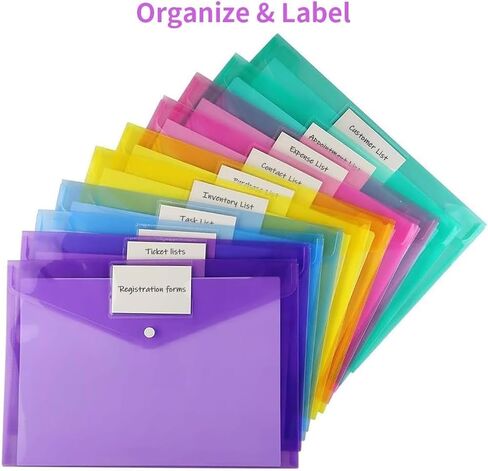 Sooez 12 Pack Folders Plastic Envelopes, Clear Plastic File Folder for Document, Letter A4 Size Poly File Envelopes with Label Pocket, Snap Button for Home Work Office Organizer, 5 Colors in Saudi Arabia