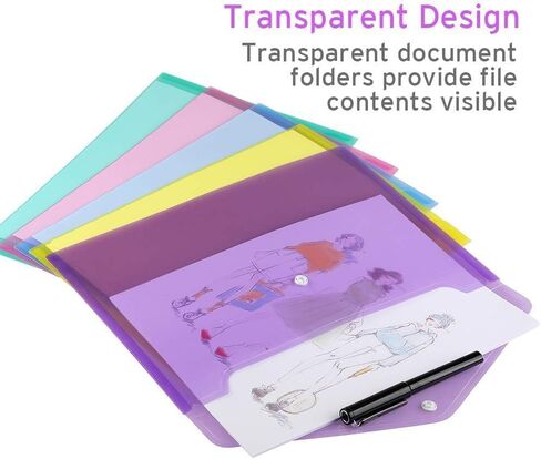 Sooez 12 Pack Folders Plastic Envelopes, Clear Plastic File Folder for Document, Letter A4 Size Poly File Envelopes with Label Pocket, Snap Button for Home Work Office Organizer, 5 Colors in Saudi Arabia