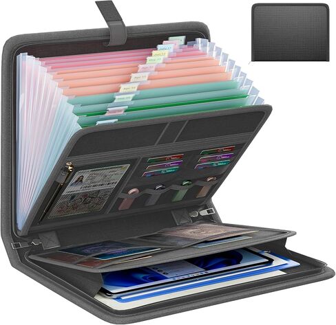Huolewa Fireproof Accordion File Organizer, Portable Expanding File Folder with Waterproof Zipper&Labels, Black Document Organizer with 13 Pockets, File Organizer for Important Document/Paper Storage in Saudi Arabia